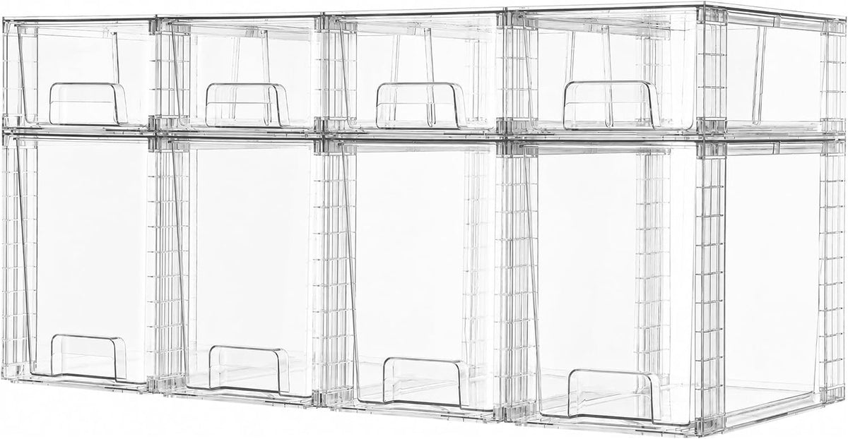 Clear Stackable Storage Drawers, 4 Pack Kitchen Cabinet Set | Medium and Small Pull-Out PET Drawers with Stackable Design for Kitchen Cabinets, Pantry, Under Sink, Medicine