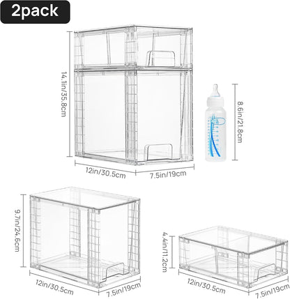 Clear Stackable Storage Drawers, 4 Pack Kitchen Cabinet Set | Medium and Small Pull-Out PET Drawers with Stackable Design for Kitchen Cabinets, Pantry, Under Sink, Medicine