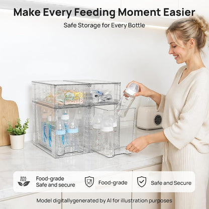 Clear Stackable Storage Drawers, 4 Pack Kitchen Cabinet Set | Medium and Small Pull-Out PET Drawers with Stackable Design for Kitchen Cabinets, Pantry, Under Sink, Medicine