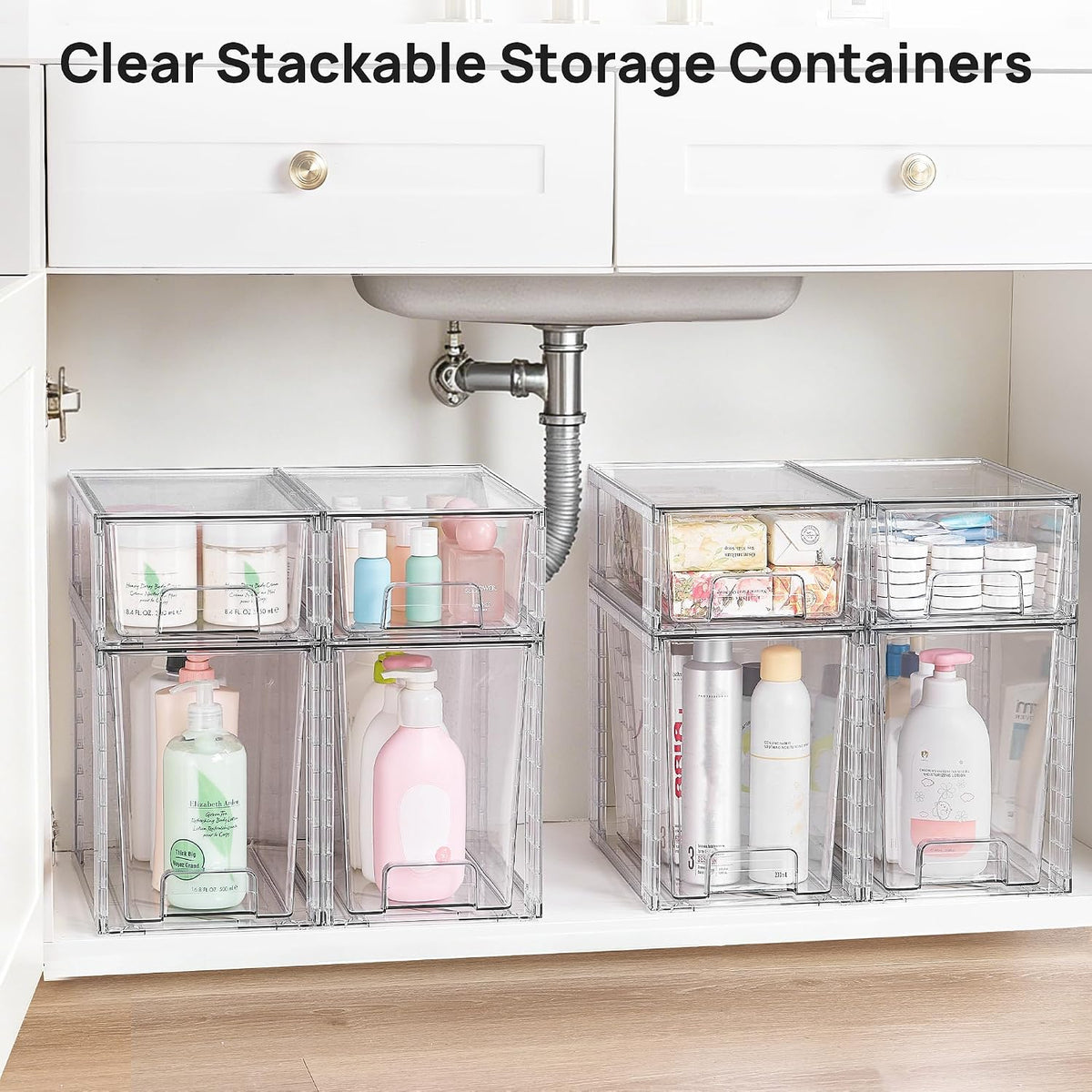 Clear Stackable Storage Drawers, 4 Pack Kitchen Cabinet Set | Medium and Small Pull-Out PET Drawers with Stackable Design for Kitchen Cabinets, Pantry, Under Sink, Medicine
