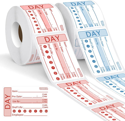2 Rolls Freezer Labels, 600 Removable Food Date Stickers, 2 x 3 Inch | Blue & Red Rolls, Easy To Write, Strong Adhesive, Removes Cleanly, For Containers, Bags, Boxes, Home Or Restaurant Use
