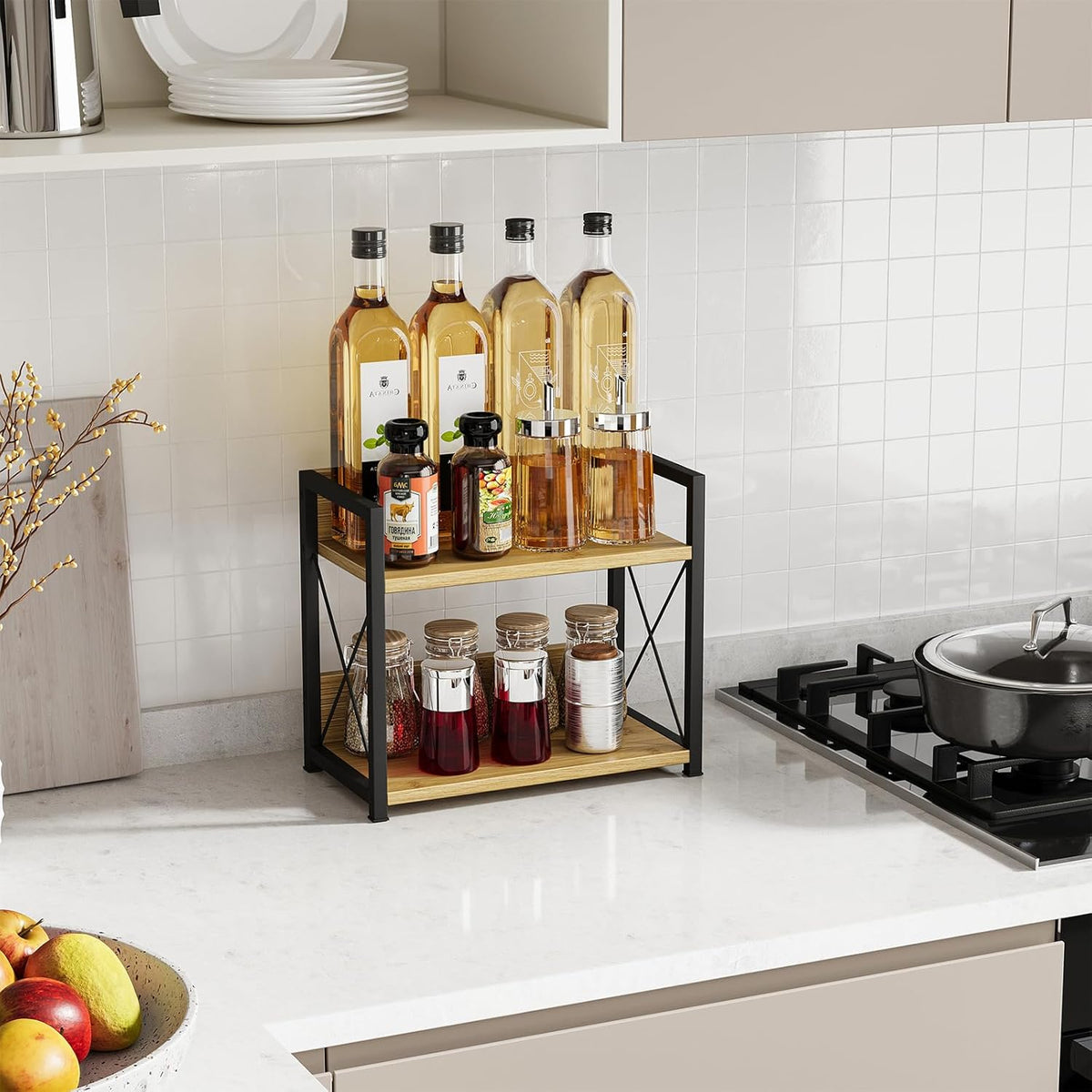 Countertop Shelf Organizer, 2 Tier Kitchen Spice Rack for Countertop, Wood Coffee Counter Shelf Organizer for Home (Brown, S)