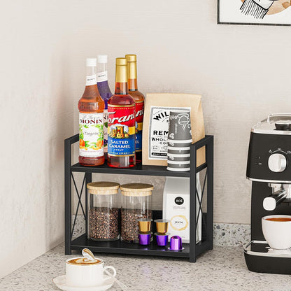 Countertop Shelf Organizer, 2 Tier Kitchen Spice Rack for Countertop, Wood Coffee Counter Shelf Organizer for Home (Brown, S)