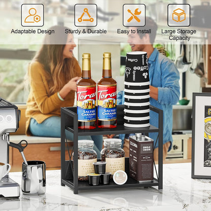 Countertop Shelf Organizer, 2 Tier Kitchen Spice Rack for Countertop, Wood Coffee Counter Shelf Organizer for Home (Brown, S)