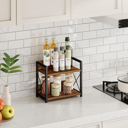 Countertop Shelf Organizer, 2 Tier Kitchen Spice Rack for Countertop, Wood Coffee Counter Shelf Organizer for Home (Brown, S)