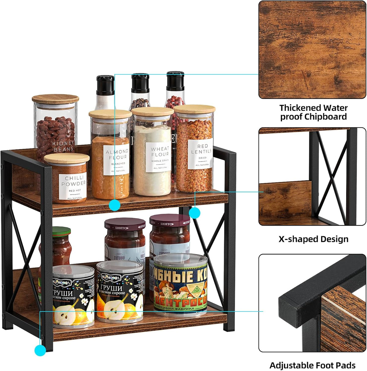 Countertop Shelf Organizer, 2 Tier Kitchen Spice Rack for Countertop, Wood Coffee Counter Shelf Organizer for Home (Brown, S)