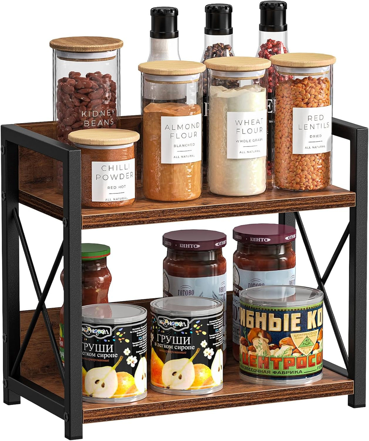 Countertop Shelf Organizer, 2 Tier Kitchen Spice Rack for Countertop, Wood Coffee Counter Shelf Organizer for Home (Brown, S)