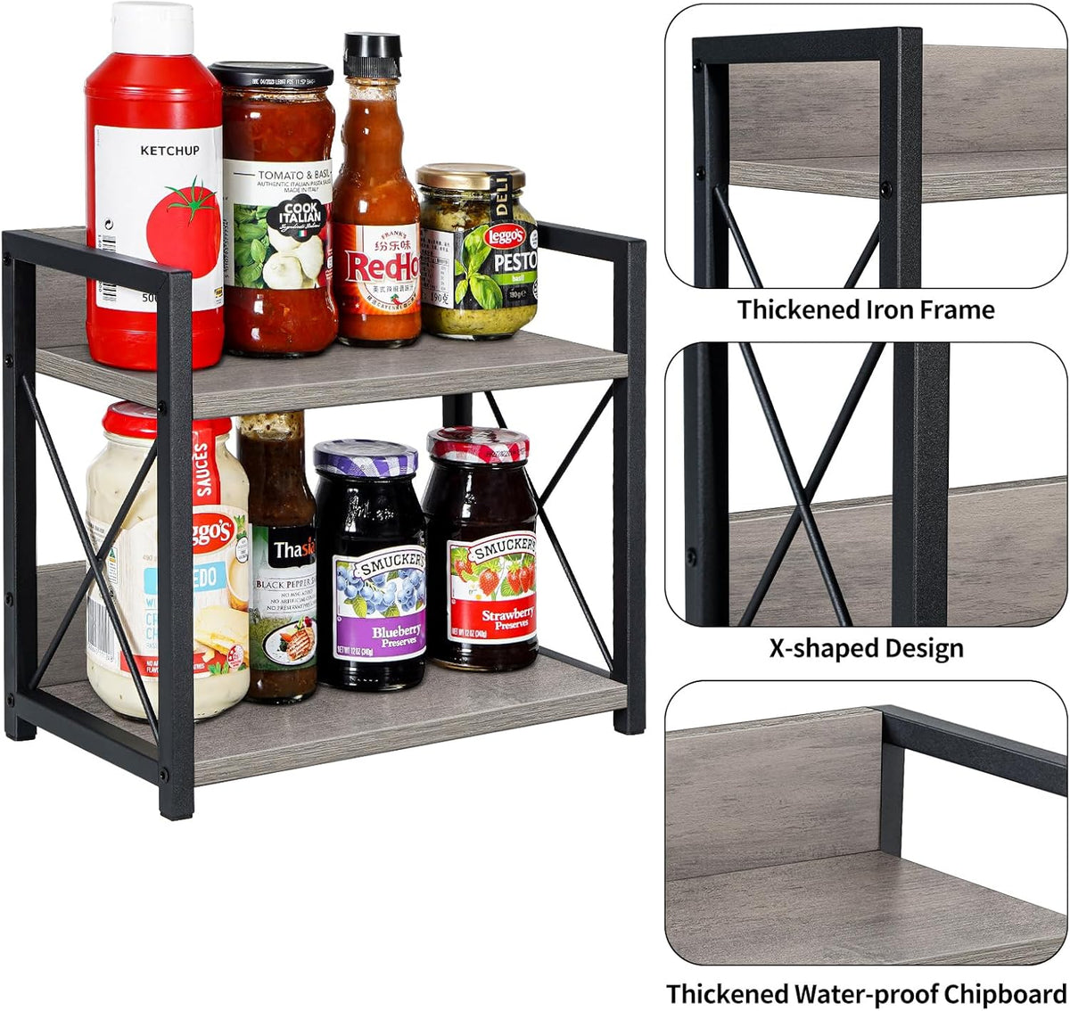 Countertop Shelf Organizer, 2 Tier Kitchen Spice Rack for Countertop, Wood Coffee Counter Shelf Organizer for Home (Brown, S)