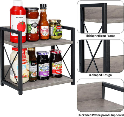 Countertop Shelf Organizer, 2 Tier Kitchen Spice Rack for Countertop, Wood Coffee Counter Shelf Organizer for Home (Brown, S)