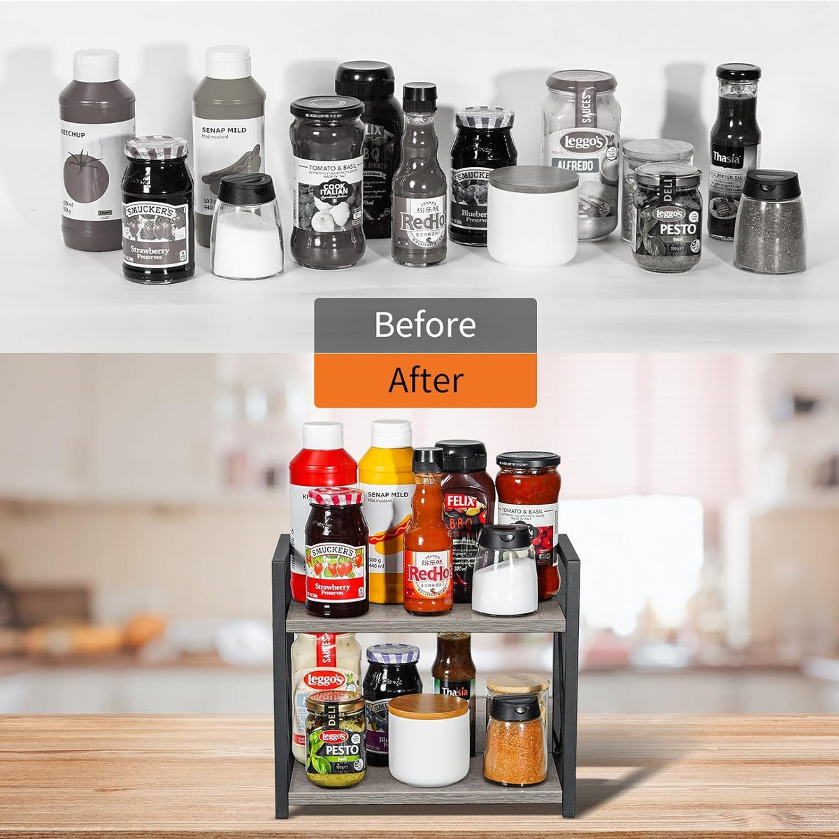 Countertop Shelf Organizer, 2 Tier Kitchen Spice Rack for Countertop, Wood Coffee Counter Shelf Organizer for Home (Brown, S)