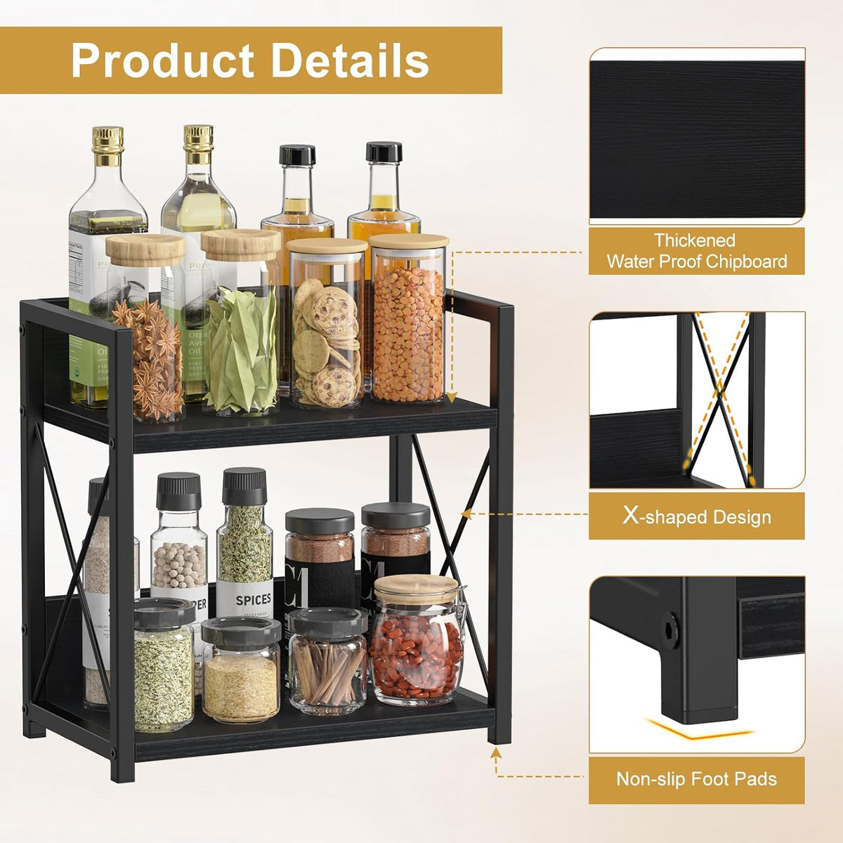 Countertop Shelf Organizer, 2 Tier Kitchen Spice Rack for Countertop, Wood Coffee Counter Shelf Organizer for Home (Brown, S)