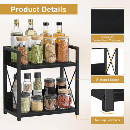 Countertop Shelf Organizer, 2 Tier Kitchen Spice Rack for Countertop, Wood Coffee Counter Shelf Organizer for Home (Brown, S)