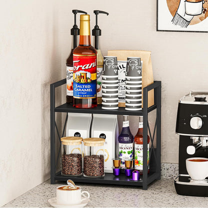 Countertop Shelf Organizer, 2 Tier Kitchen Spice Rack for Countertop, Wood Coffee Counter Shelf Organizer for Home (Brown, S)