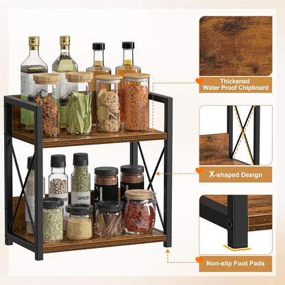 Countertop Shelf Organizer, 2 Tier Kitchen Spice Rack for Countertop, Wood Coffee Counter Shelf Organizer for Home (Brown, S)