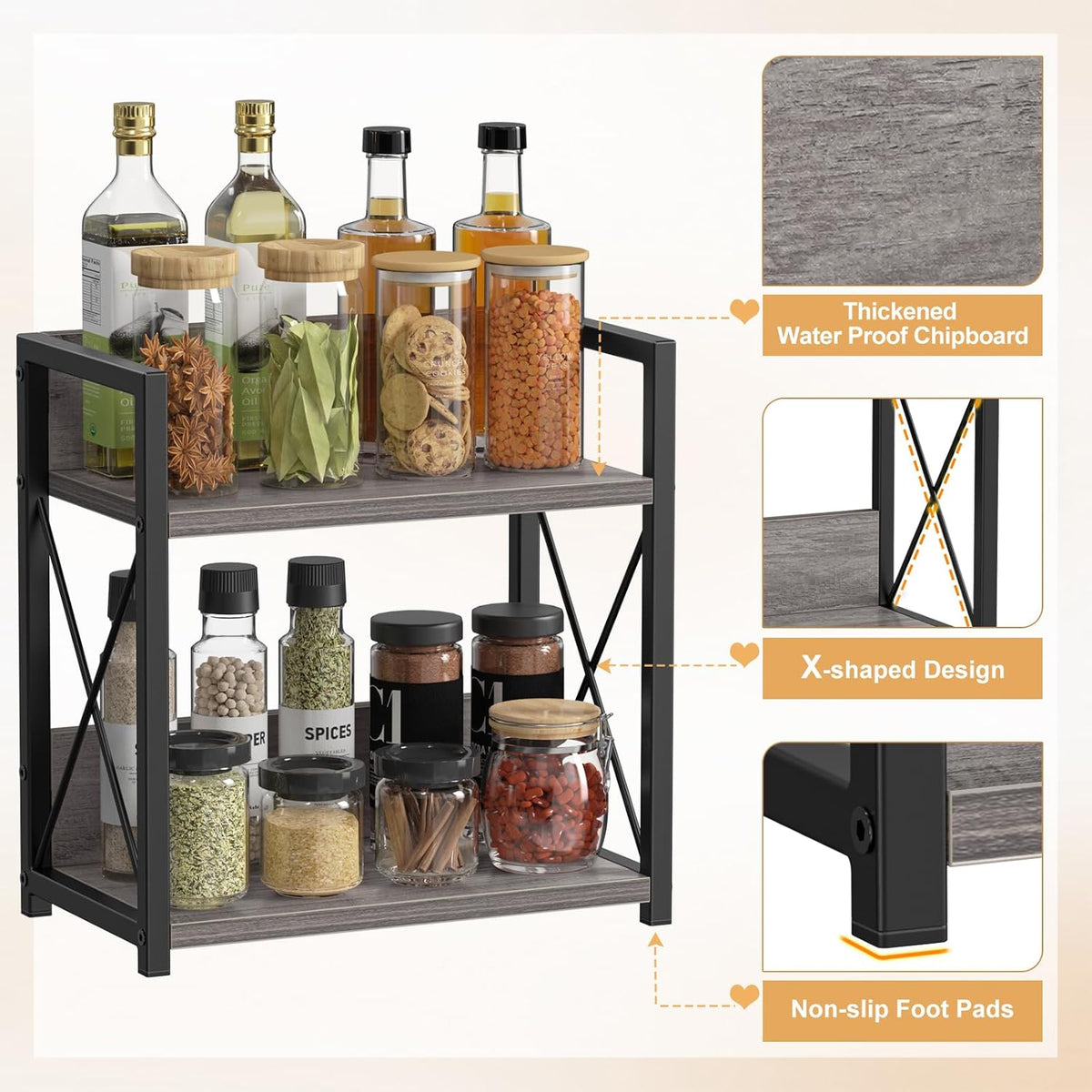 Countertop Shelf Organizer, 2 Tier Kitchen Spice Rack for Countertop, Wood Coffee Counter Shelf Organizer for Home (Brown, S)