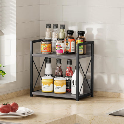 Countertop Shelf Organizer, 2 Tier Kitchen Spice Rack for Countertop, Wood Coffee Counter Shelf Organizer for Home (Brown, S)