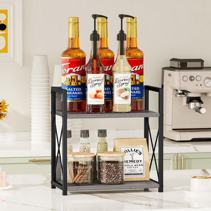 Countertop Shelf Organizer, 2 Tier Kitchen Spice Rack for Countertop, Wood Coffee Counter Shelf Organizer for Home (Brown, S)