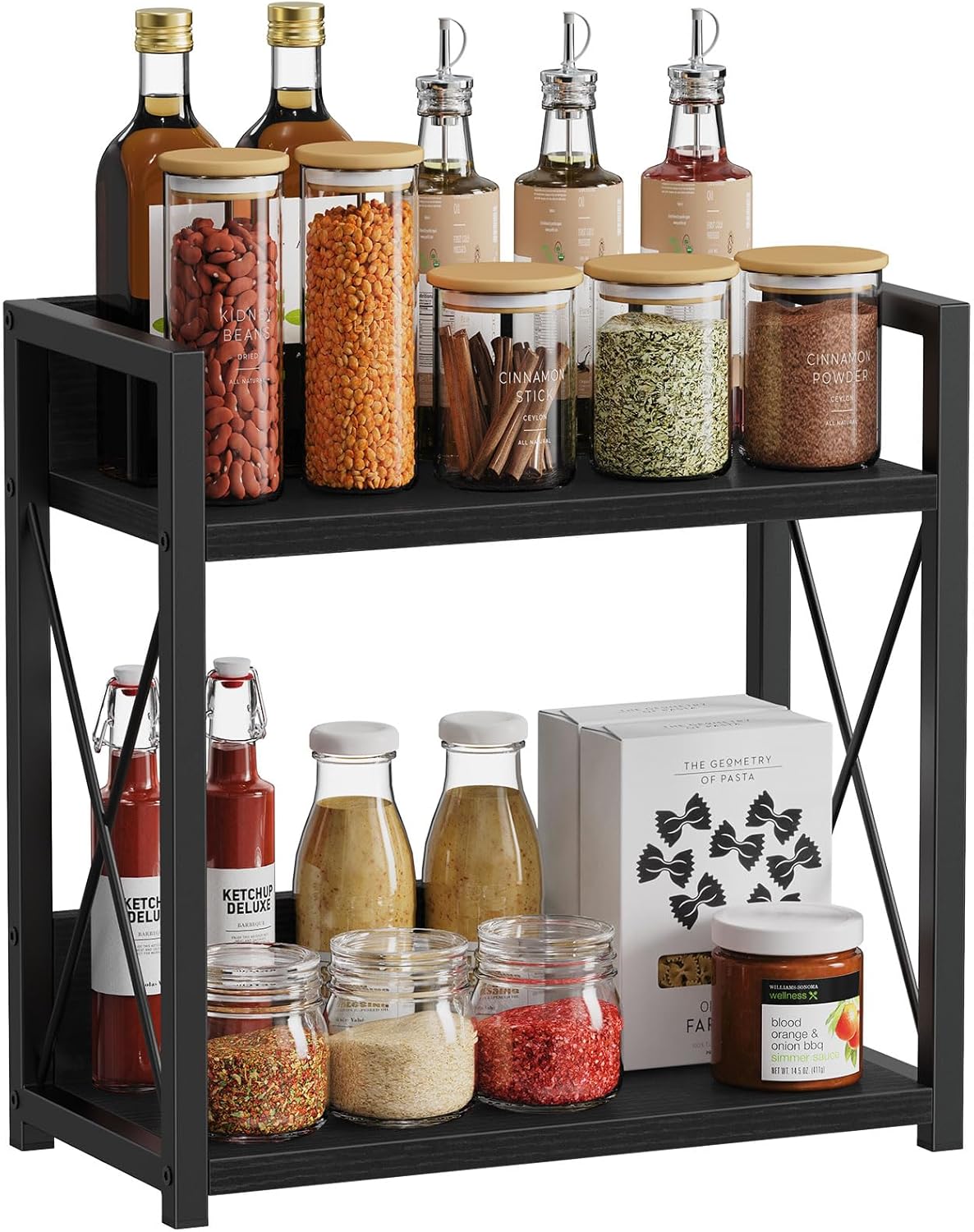 Countertop Shelf Organizer, 2 Tier Kitchen Spice Rack for Countertop, Wood Coffee Counter Shelf Organizer for Home (Brown, S)