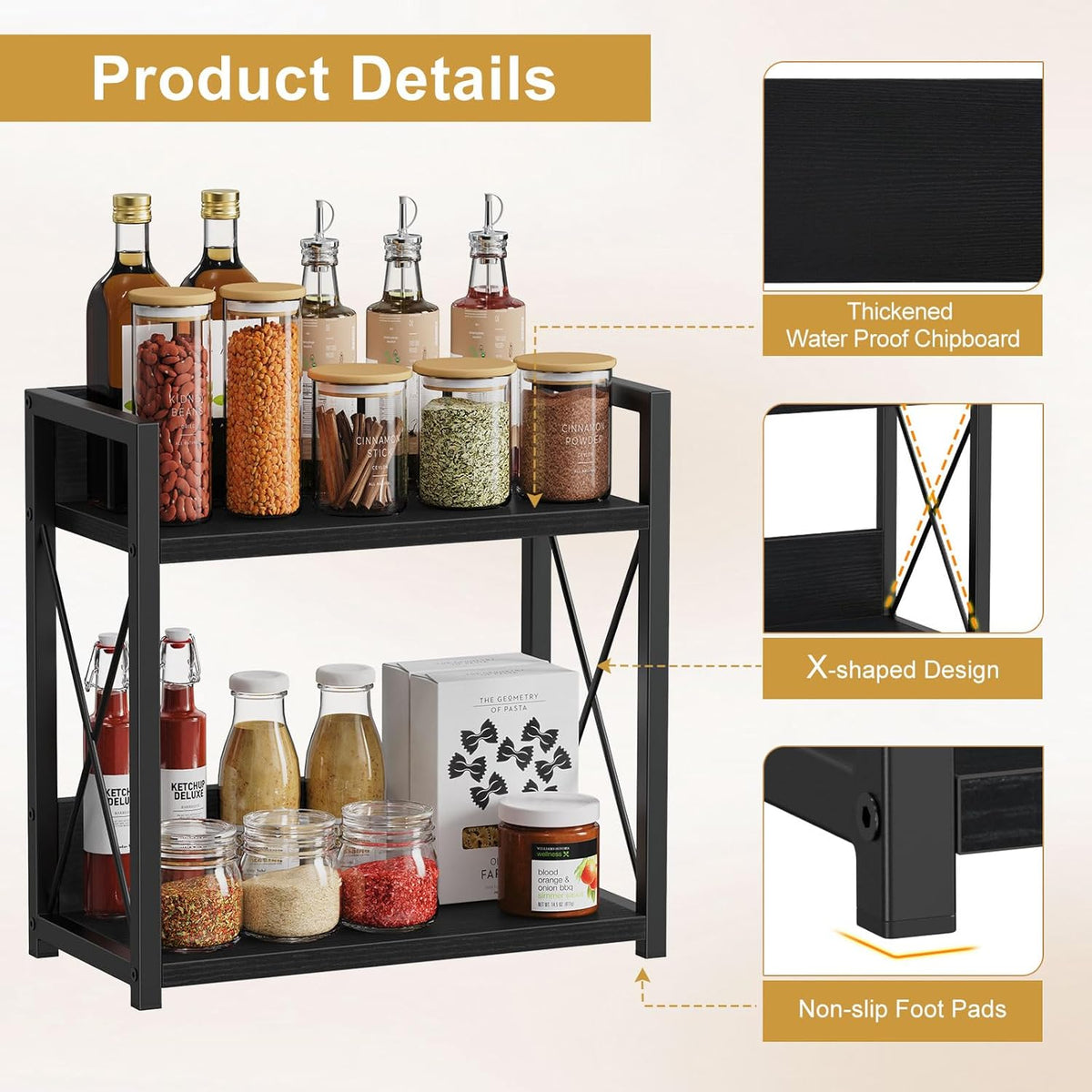 Countertop Shelf Organizer, 2 Tier Kitchen Spice Rack for Countertop, Wood Coffee Counter Shelf Organizer for Home (Brown, S)
