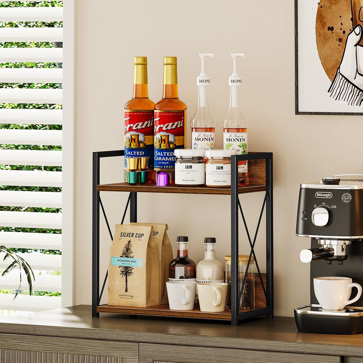 Countertop Shelf Organizer, 2 Tier Kitchen Spice Rack for Countertop, Wood Coffee Counter Shelf Organizer for Home (Brown, S)