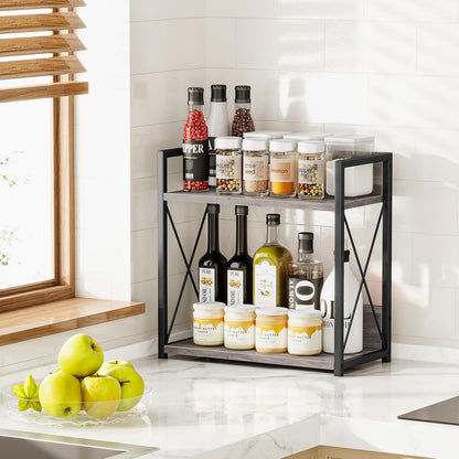 Countertop Shelf Organizer, 2 Tier Kitchen Spice Rack for Countertop, Wood Coffee Counter Shelf Organizer for Home (Brown, S)