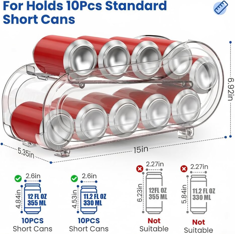 Auto-Rolling Soda Can Organizer for Refrigerator/Fridge, Upgraded Soda Can Dispenser & Holder for Pantry Storage 10 Standard Size 12oz/ 11.2oz/ 355ml/ 330ml Drink Short Cans (Clear)