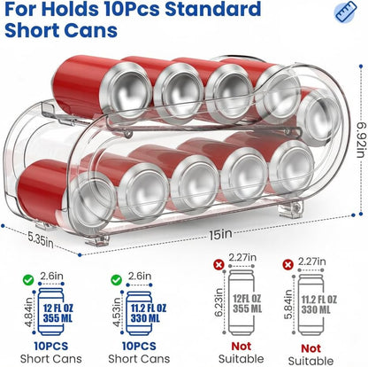 Auto-Rolling Soda Can Organizer for Refrigerator/Fridge, Upgraded Soda Can Dispenser & Holder for Pantry Storage 10 Standard Size 12oz/ 11.2oz/ 355ml/ 330ml Drink Short Cans (Clear)