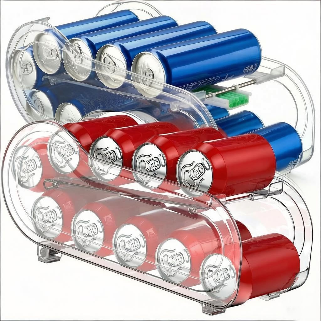 Auto-Rolling Soda Can Organizer for Refrigerator/Fridge, Upgraded Soda Can Dispenser & Holder for Pantry Storage 10 Standard Size 12oz/ 11.2oz/ 355ml/ 330ml Drink Short Cans (Clear)