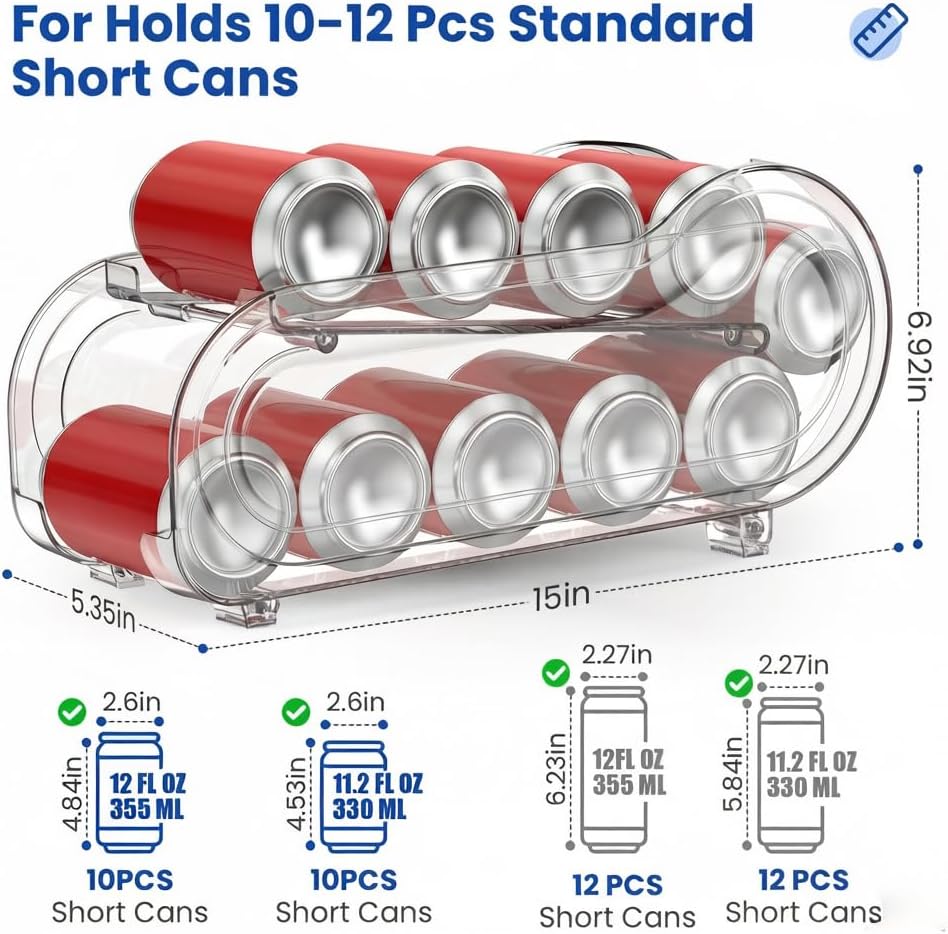 Auto-Rolling Soda Can Organizer for Refrigerator/Fridge, Upgraded Soda Can Dispenser & Holder for Pantry Storage 10 Standard Size 12oz/ 11.2oz/ 355ml/ 330ml Drink Short Cans (Clear)