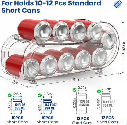 Auto-Rolling Soda Can Organizer for Refrigerator/Fridge, Upgraded Soda Can Dispenser & Holder for Pantry Storage 10 Standard Size 12oz/ 11.2oz/ 355ml/ 330ml Drink Short Cans (Clear)