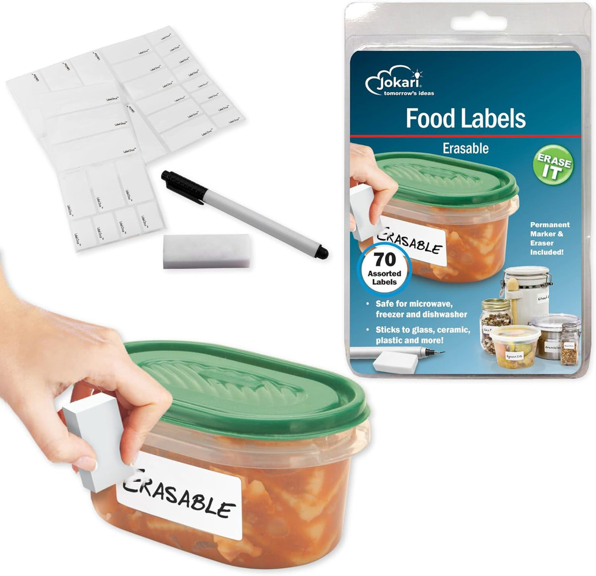Label Once Erasable Food Labels with Marker and Eraser Reusable | Kitchen Storage Freezer Dishwasher, Microwave Safe 70 Pack, Includes Marker and Eraser, Labels for Any Task