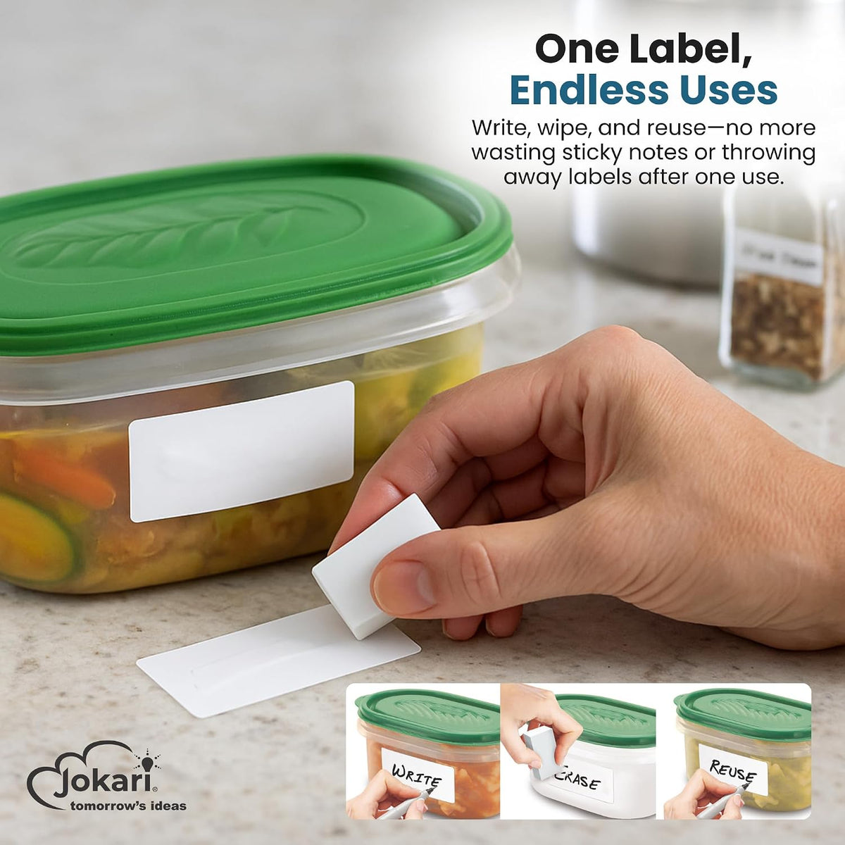 Label Once Erasable Food Labels with Marker and Eraser Reusable | Kitchen Storage Freezer Dishwasher, Microwave Safe 70 Pack, Includes Marker and Eraser, Labels for Any Task