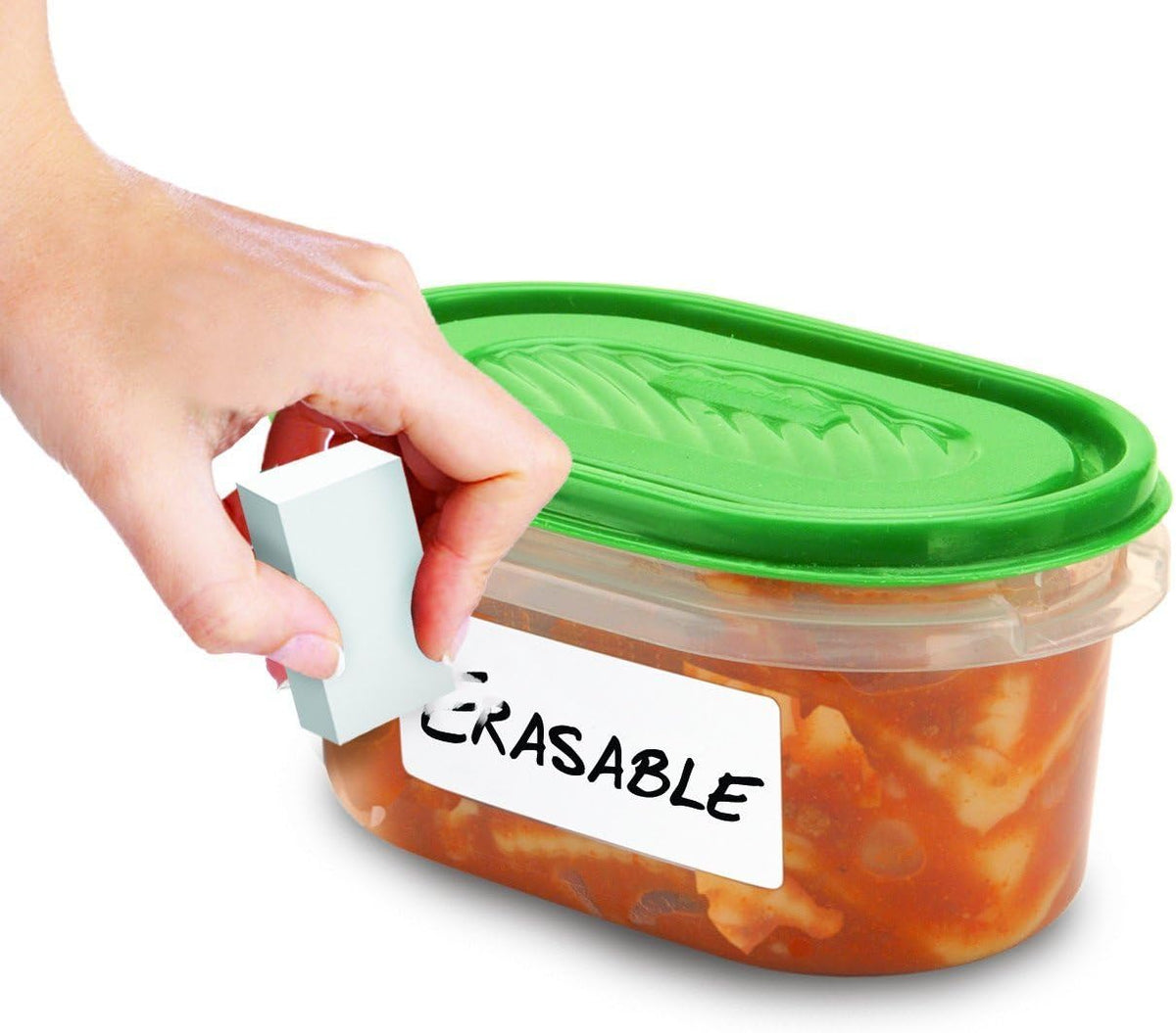 Label Once Erasable Food Labels with Marker and Eraser Reusable | Kitchen Storage Freezer Dishwasher, Microwave Safe 70 Pack, Includes Marker and Eraser, Labels for Any Task