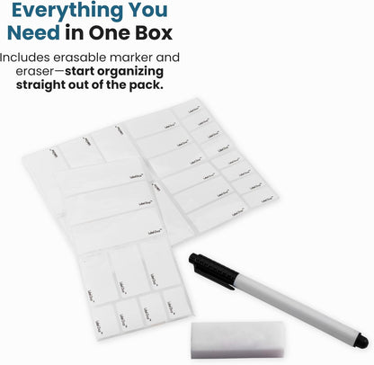 Label Once Erasable Food Labels with Marker and Eraser Reusable | Kitchen Storage Freezer Dishwasher, Microwave Safe 70 Pack, Includes Marker and Eraser, Labels for Any Task