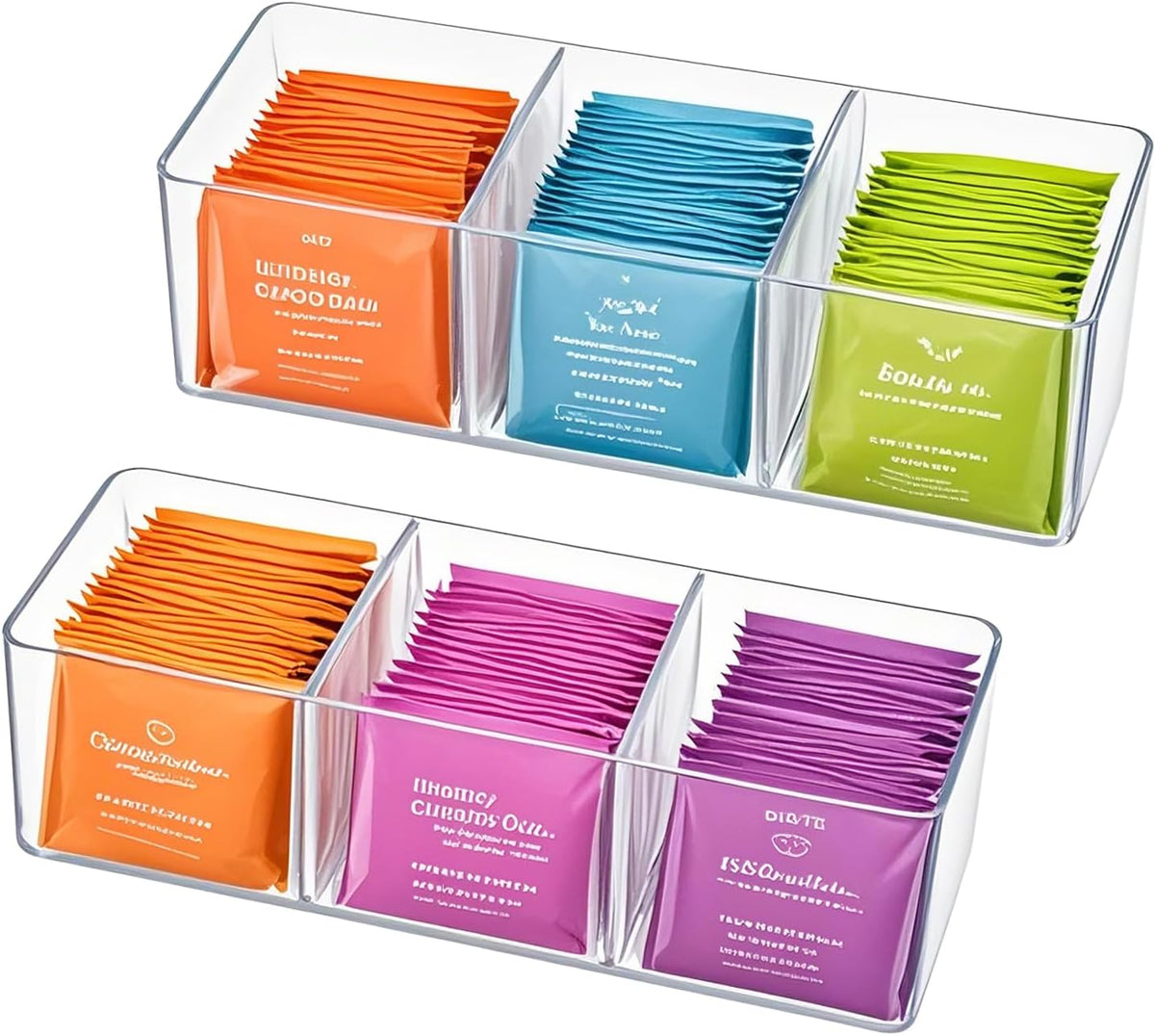 Tea Bag Organizer - Holds 60 Tea Bags, 3 Compartments, Transparent Design, Tea Bag Holder Hooks for Storage Cabinet and Kitchen Pantry (2)