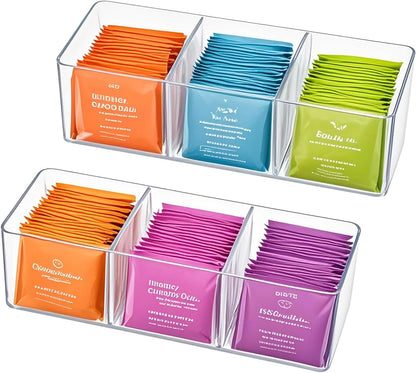 Tea Bag Organizer - Holds 60 Tea Bags, 3 Compartments, Transparent Design, Tea Bag Holder Hooks for Storage Cabinet and Kitchen Pantry (2)