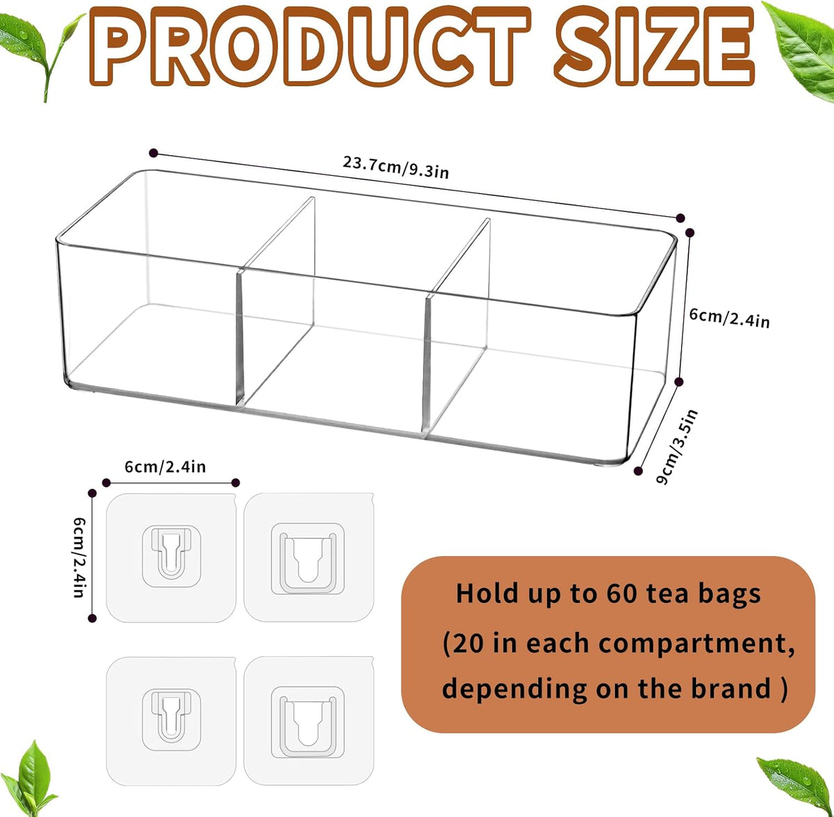 Tea Bag Organizer - Holds 60 Tea Bags, 3 Compartments, Transparent Design, Tea Bag Holder Hooks for Storage Cabinet and Kitchen Pantry (2)
