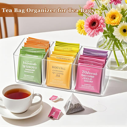 Tea Bag Organizer - Holds 60 Tea Bags, 3 Compartments, Transparent Design, Tea Bag Holder Hooks for Storage Cabinet and Kitchen Pantry (2)