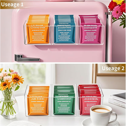 Tea Bag Organizer - Holds 60 Tea Bags, 3 Compartments, Transparent Design, Tea Bag Holder Hooks for Storage Cabinet and Kitchen Pantry (2)