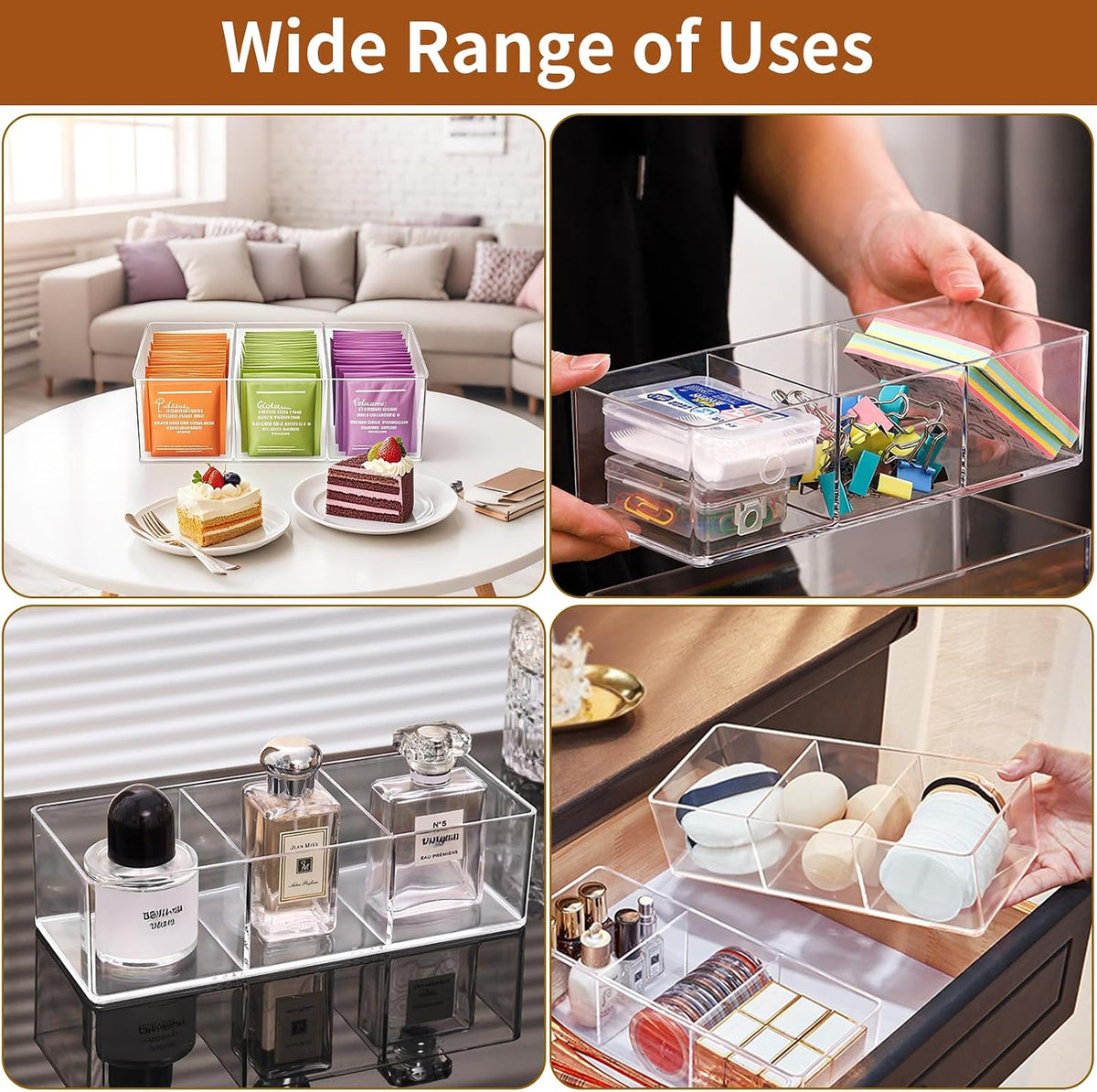 Tea Bag Organizer - Holds 60 Tea Bags, 3 Compartments, Transparent Design, Tea Bag Holder Hooks for Storage Cabinet and Kitchen Pantry (2)