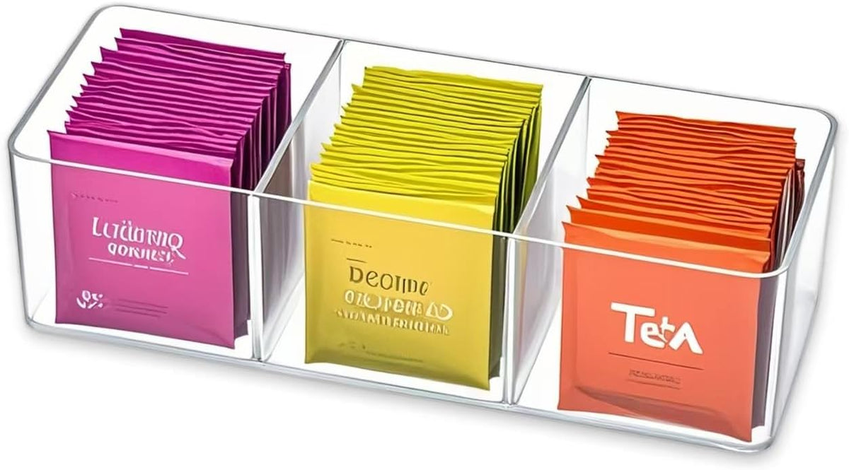 Tea Bag Organizer - Holds 60 Tea Bags, 3 Compartments, Transparent Design, Tea Bag Holder Hooks for Storage Cabinet and Kitchen Pantry (2)