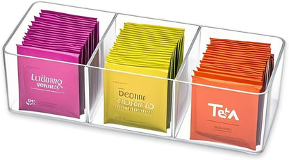 Tea Bag Organizer - Holds 60 Tea Bags, 3 Compartments, Transparent Design, Tea Bag Holder Hooks for Storage Cabinet and Kitchen Pantry (2)