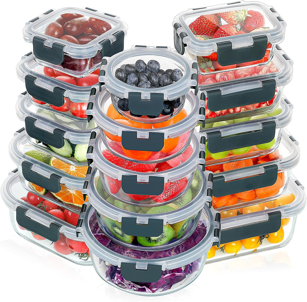 Glass Food Storage Containers Set with Lids, Grey