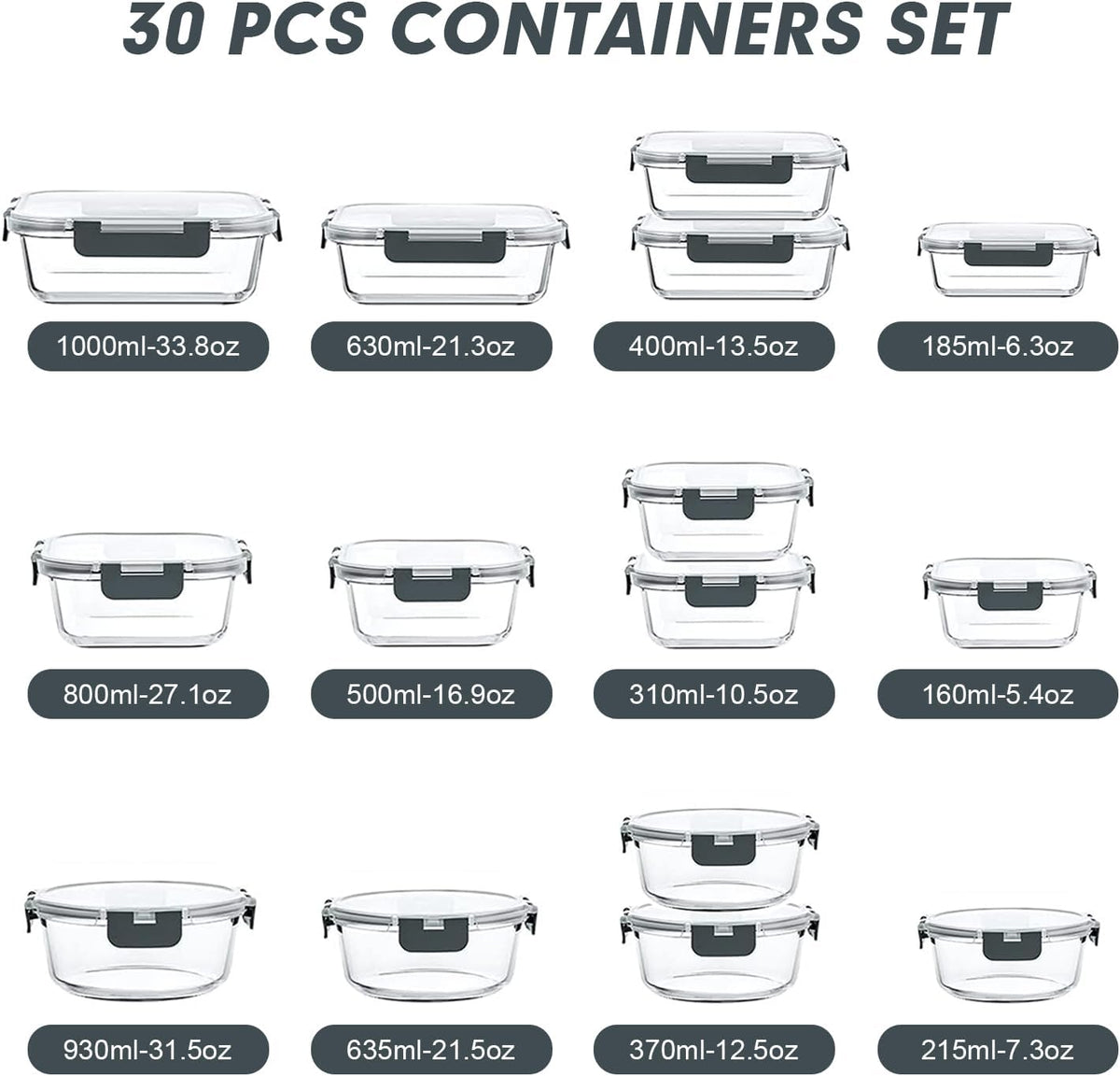 Glass Food Storage Containers Set with Lids, Grey