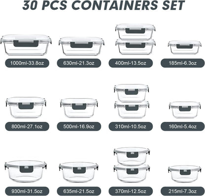 Glass Food Storage Containers Set with Lids, Grey