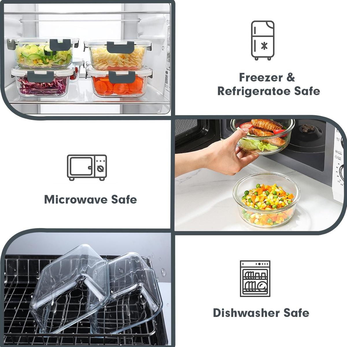 Glass Food Storage Containers Set with Lids, Grey