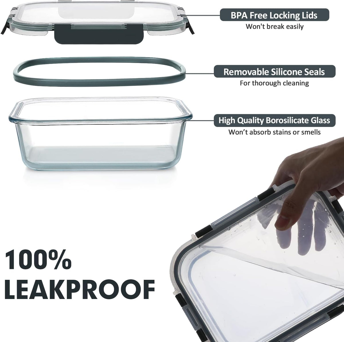 Glass Food Storage Containers Set with Lids, Grey