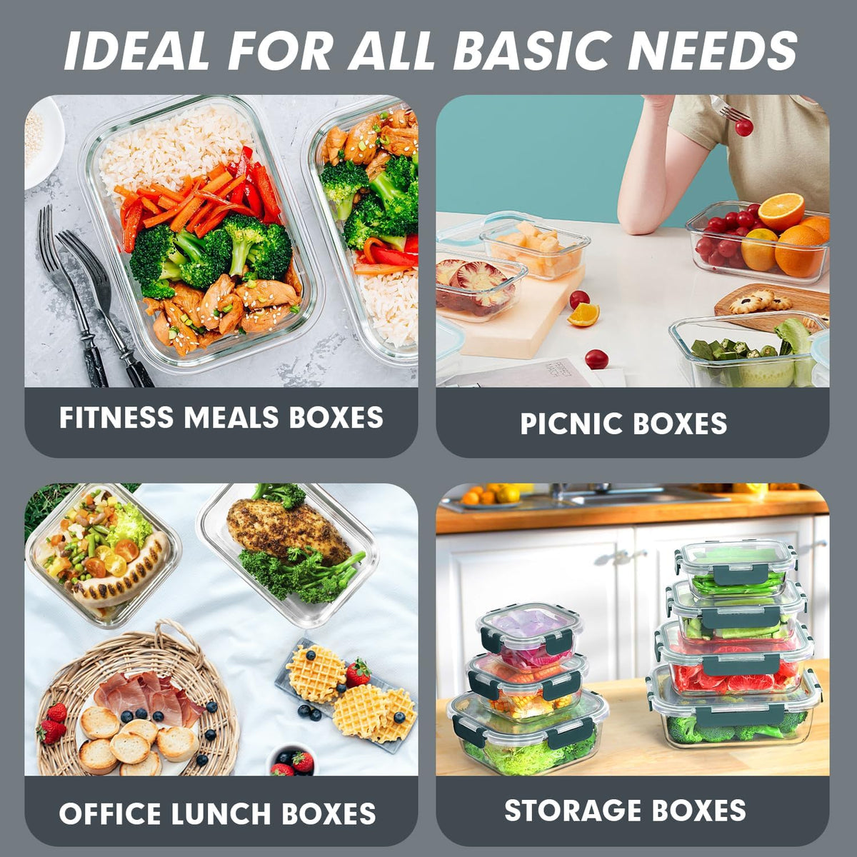 Glass Food Storage Containers Set with Lids, Grey