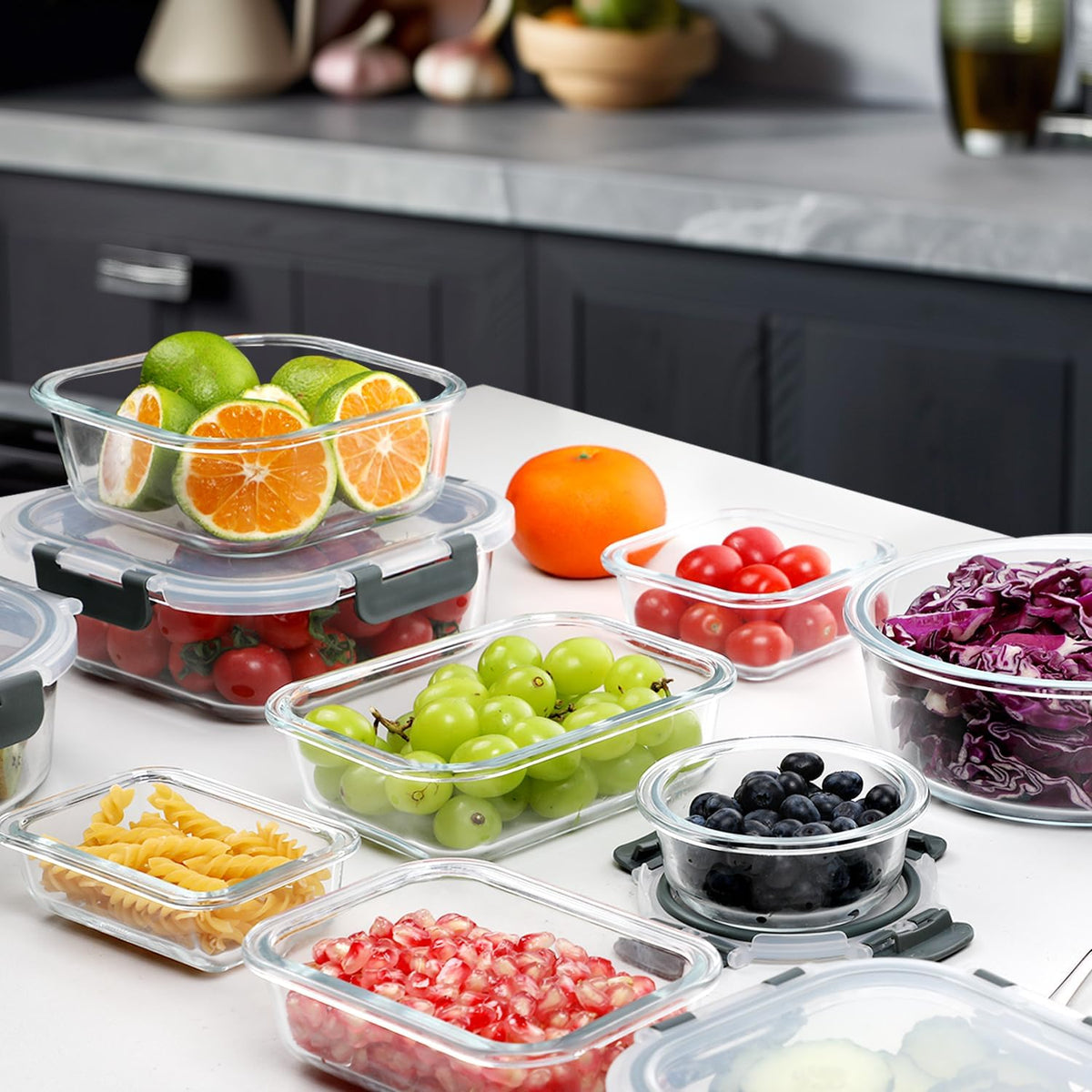 Glass Food Storage Containers Set with Lids, Grey