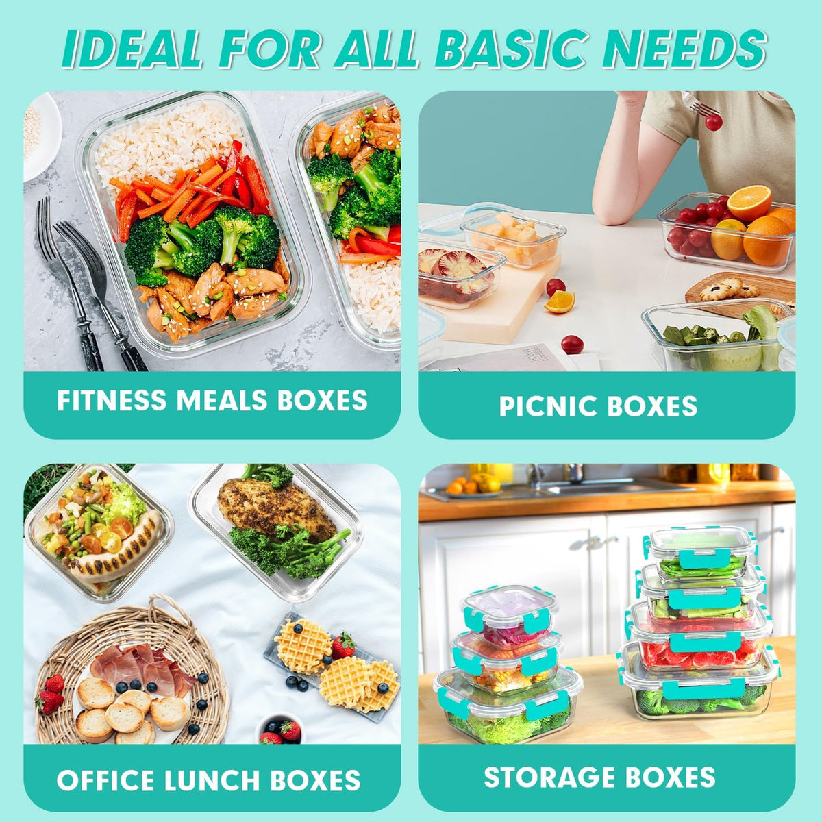 Glass Food Storage Containers Set with Lids, Grey